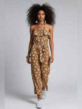 LOFT Strapless Ruffle Floral Wide Leg Cropped Jumpsuit